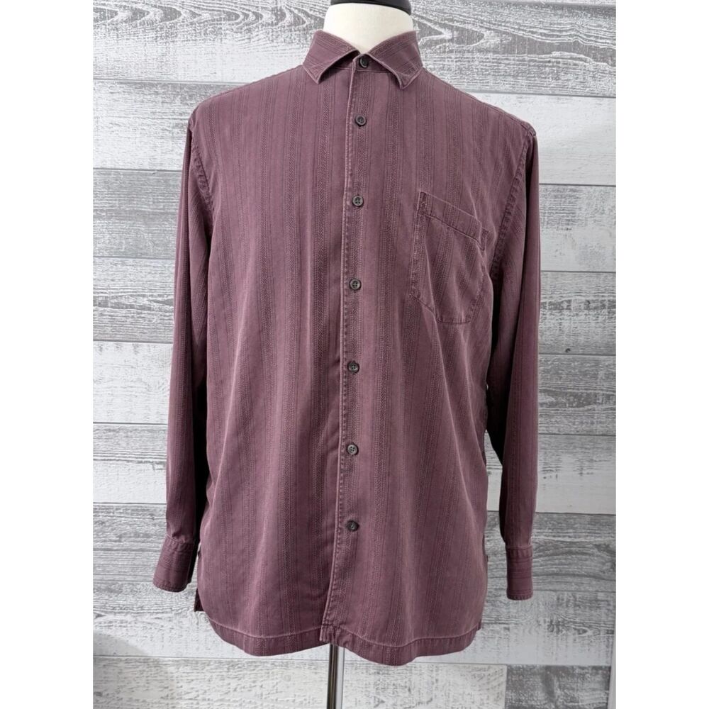 Tommy Bahama Men's L Burgundy Stripe 100% Silk Button Up Shirt Long Sleeve